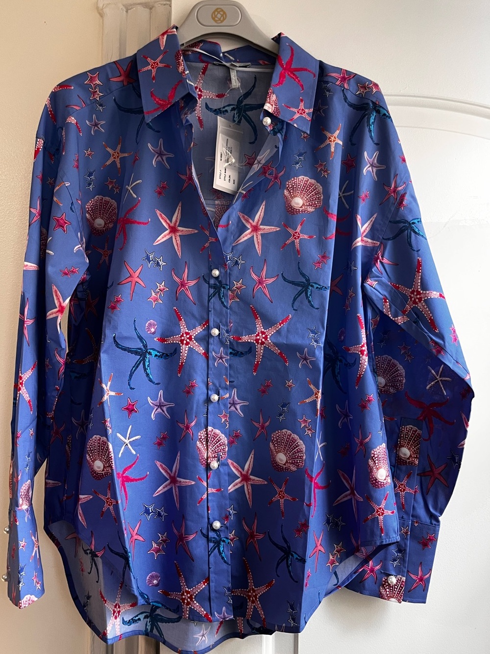 $275 HINSON WU LARISSA Long Sleeve Blue Starfish Print Button-Up Blouse Tunic L - Picture 2 of 13